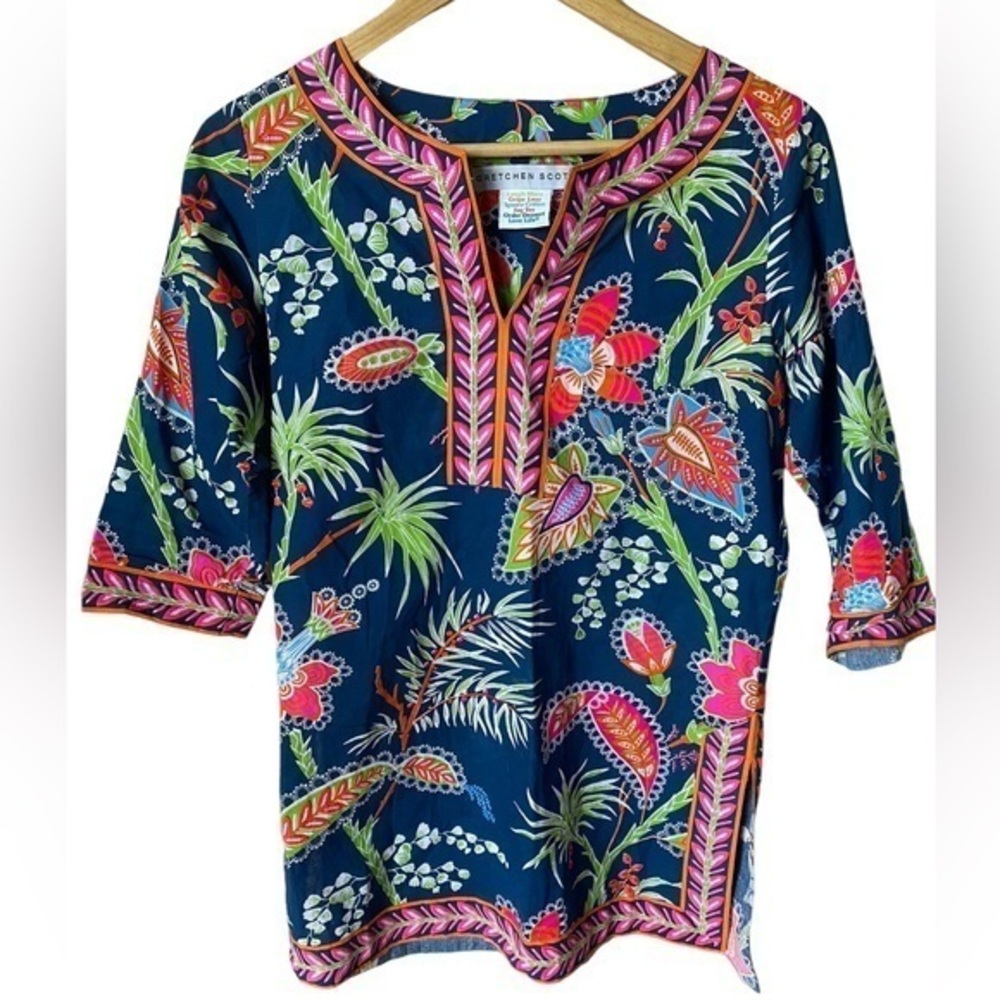 Gretchen Scott women’s princess blue pink cotton 3/4 sleeve tunic blouse XS